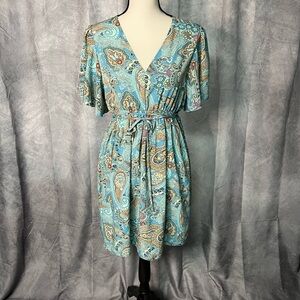 CUPSHE Women's Mini Dress V Neck Paisley Self Tie Short Sleeve A-Line Casual - S